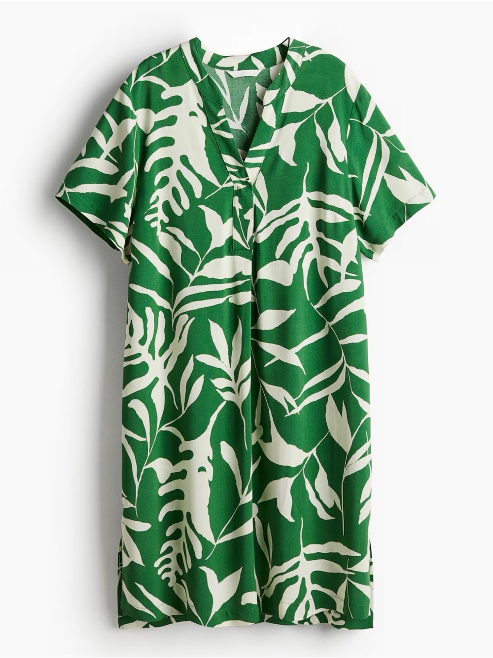 H&M Green White Leaf Print Viscose Tunic Dress M Short Sleeve V Neck